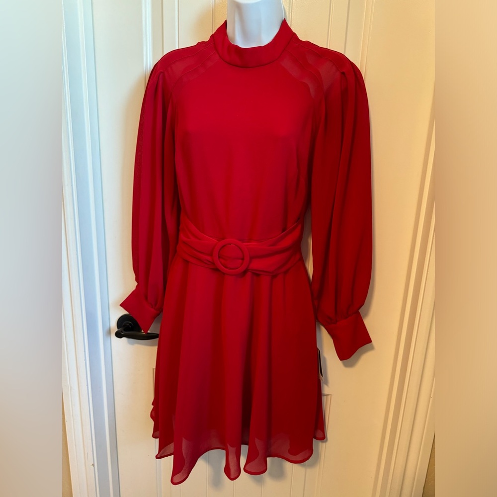 NWT Melonie T Red A-Line Georgette Dress with Belt & Sheer Long Sleeves, Size 2